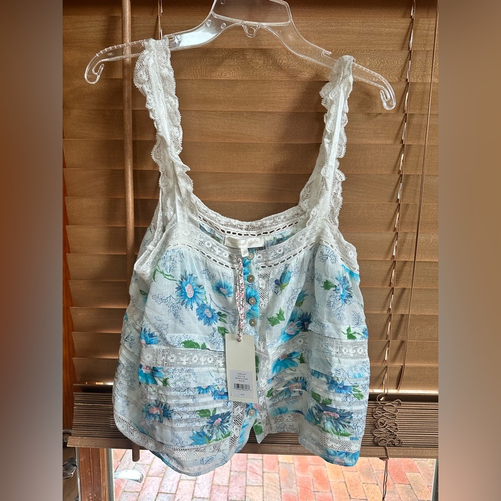 LoveShackFancy Blue and White Ruffled Camisole